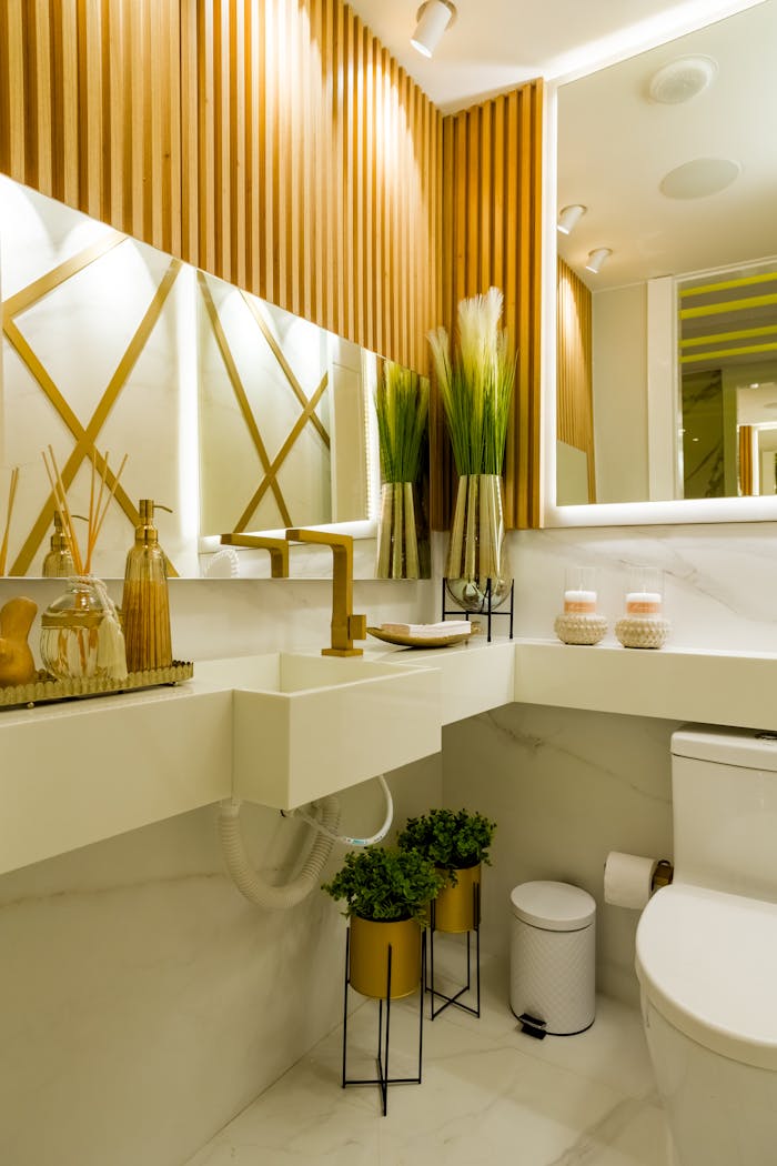 Elegant bathroom interior featuring modern decor and stylish fixtures.